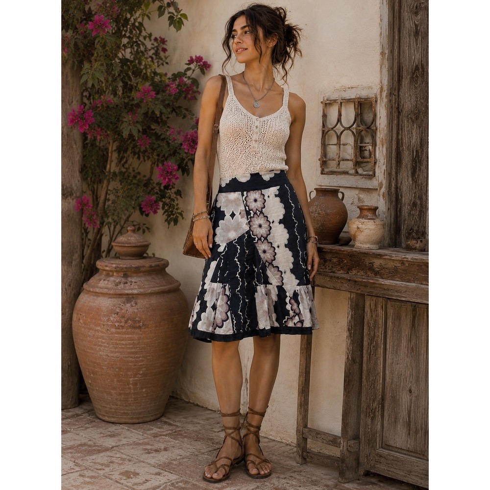 Odille Anthropologie Floral Patchwork Skirt Navy White Cotton Lace Trim Size 8